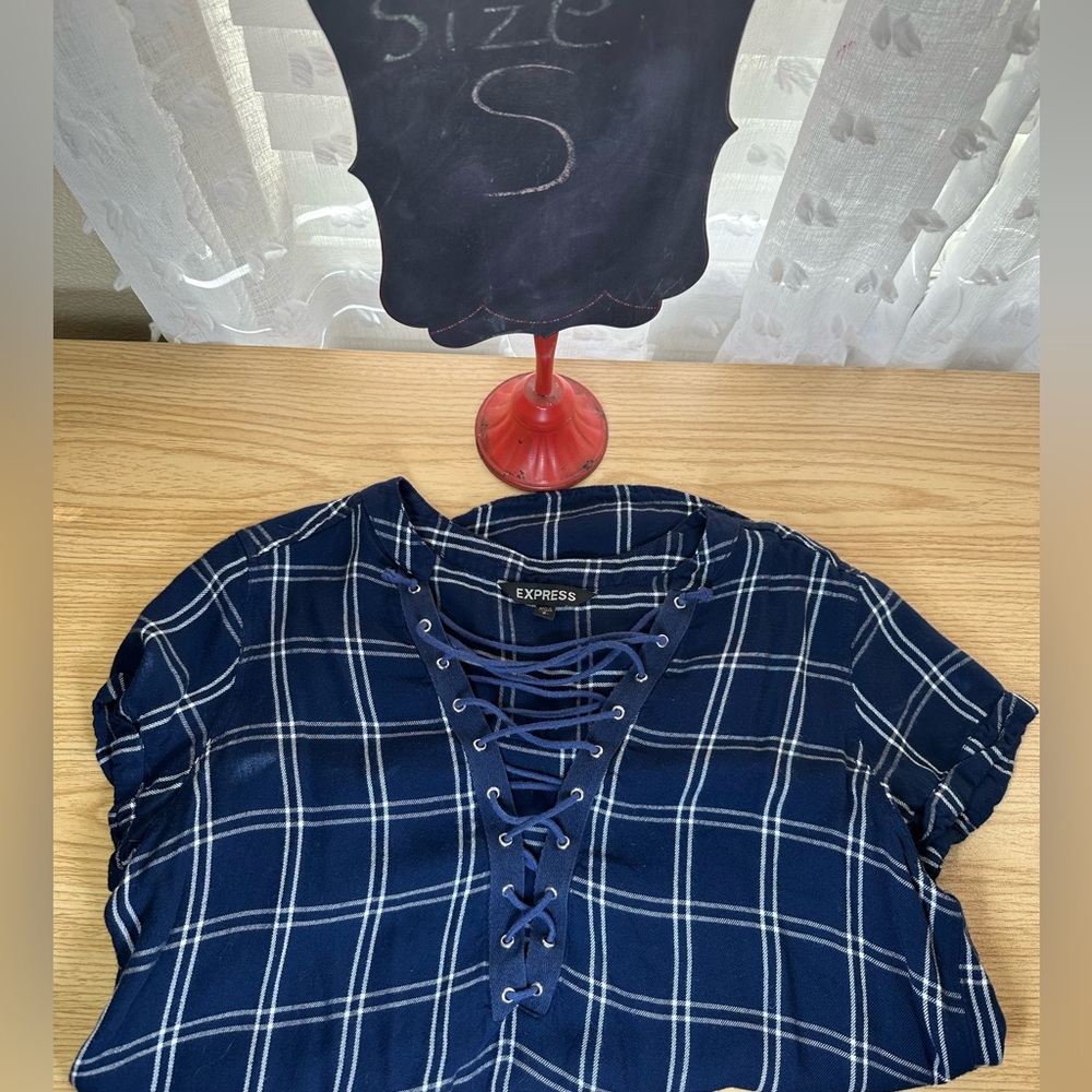 Express sleeves/lace up v-neck size Small color navy blue with white